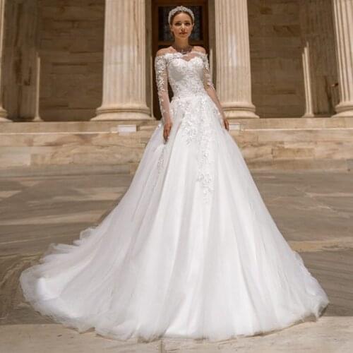 2021 Graceful Off the Shoulder Long Sleeve Wedding Dress with Sweep Train Appliques Lace A-line Bridal Gown robe de marie