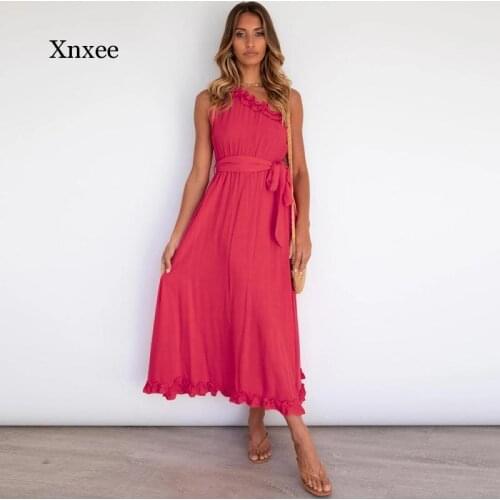 2021 Summer Long Dress Elegant Women Club Party Robe Femme with Bandage Ruffled Inclined Shoulder Midi Dresses Outfits Clothing