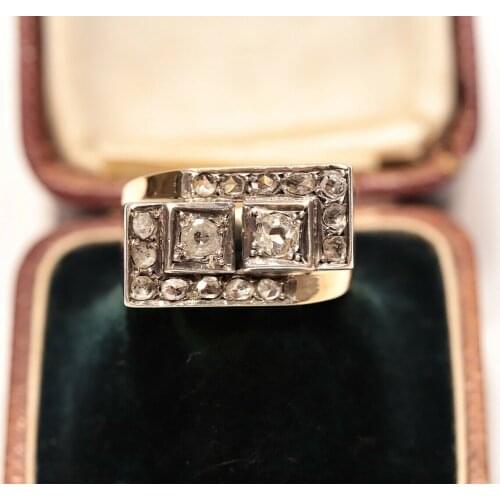 ANTIQUE ORIGINAL NATURAL ROSE CUT DIAMOND DECORATED 14K GOLD KNIGHT STYLE RING
