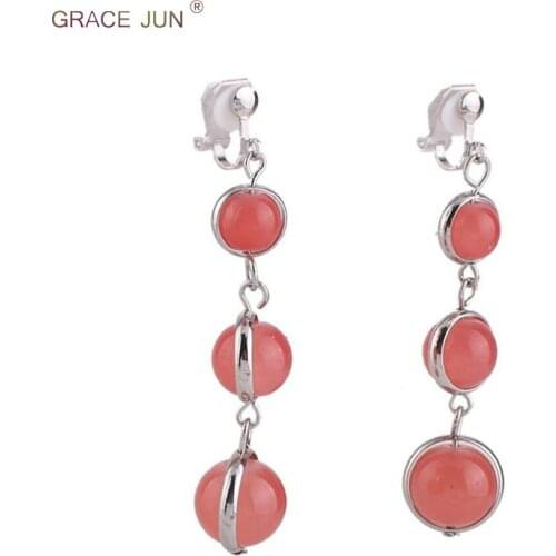 GRACE JUN Korea Style Fashion Handmade Clip on Earrings No Pierced for Girl Elegant Charm Long Drop Pierced Earrings