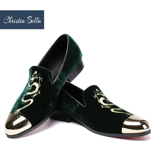 Christia Bella Men Shoes with Dragon Embroidery New Metal Toe Men Green Velvet Smoking Slipper Male Prom and Banquet Loafers Men