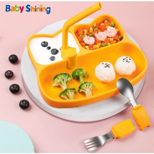 Baby Shining Silicone Baby Feeding Bowl Set Suction Cup BPA Free Dinner Plate Microwave Dishwasher Baby Learning Dishes Bowl