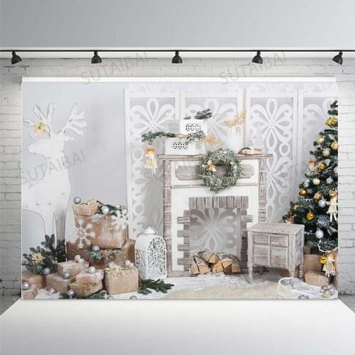 Christmas Fireplace Backdrop Decorations Gift Elk Wreath Christmas Tree Winter Child Portrait Background for Family Party Banner