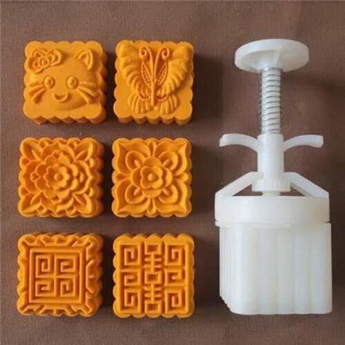 63g Chinese Cartoon Square design Mooncake mung bean cake Molds mould with 6 Stamps plastic hand pressure , 50sets/lot