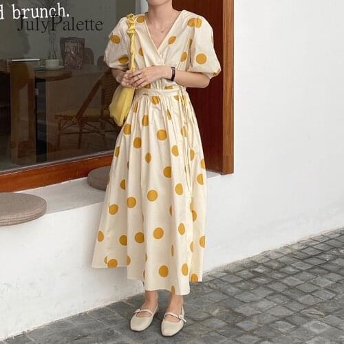 JulyPalette French Vintage Puff Sleeve Dress for Women Summer Dot Pattern Lace-up Female A-line Dress Casual Ladies Midi Dress