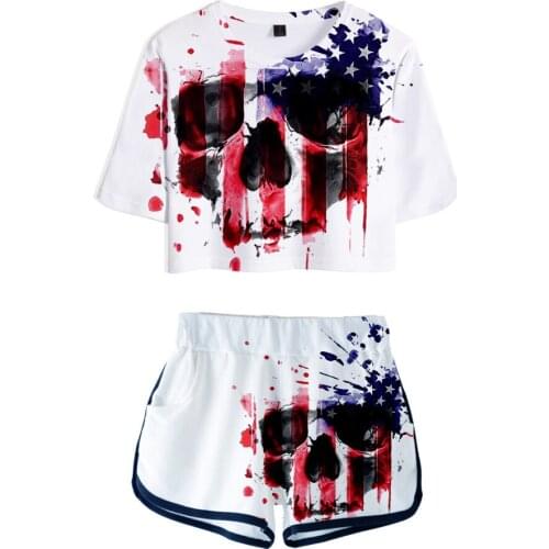 2019 3D Print US Independence Day Two Piece Set + Short Pants Summer Dew navel t shirt Girl Leisure Sets XS-XXL