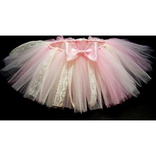Cute Baby Girls Lace Tutu Skirts Infant Handmade Tulle Ballet Dance Pettiskirts with Pink Ribbon Bow Kids Party Skirts Clothes