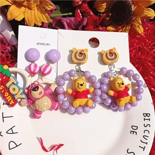 The Toy Story Fashion Winnie The Pooh Cartoon Plastic Dangle Earrings Accessories Disney Ear Pendants Purple Lotso 925 Silver