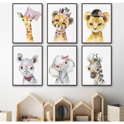 Cartoon Cute Animal Wall Art watercolor Painting Elephant Tiger Core Kids Room Kindergarten Wall Decoration Canvas Poster Print