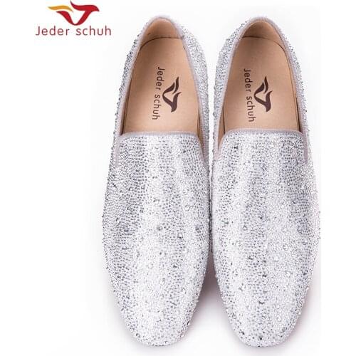 Handcrafted Luxury Silver Diamonds MenS Glitter Leather Loafers Suitable For Banquet And Wedding