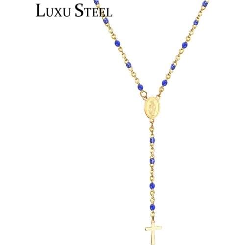 LUXUSTEEL Length 40cm+6cm Choker Necklace Religious Jewelry White/Black/Blue Color Rosary Beads Cross Pendant Necklace Female