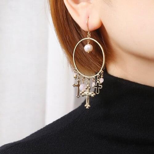 S925 pure silver fishhook plated with gold-plated crystal fresh water pearl lady long variety cross retro earring manufacturer