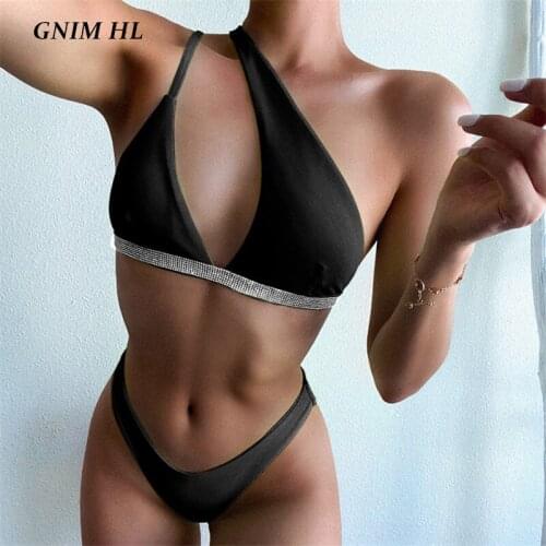 GNIM One Shoulder Sexy Hollow Out Swimsuit Women Solid Color Bikini Mujer 2020 Summer Two Pieces Rhinestones Swimwear Women New