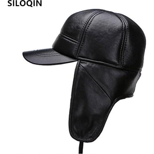 SILOQIN Natural Genuine Leather Cap Winter Mens Warm Velvet Fur Bomber Hats New Sheepskin Leather Earmuffs Caps Dad Winter Hat