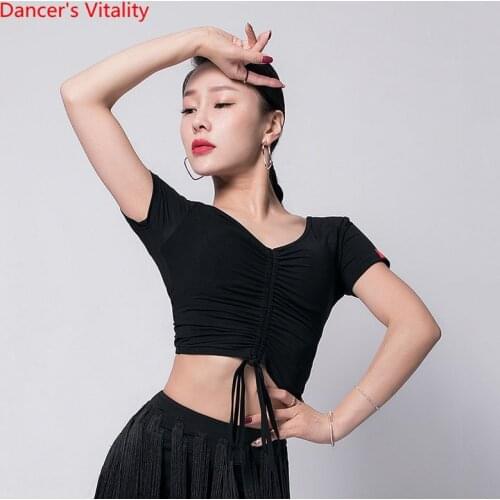Latin Dance Practice Clothing Female Adult Sexy V-neck Top New Profession Black Dance Performance Training Shirts