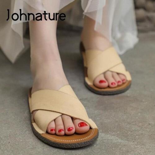 Johnature Genuine Leather Summer Shoes Women Slippers Outside Slides Flat With Sewing Leisure Handmade Concise Ladies Slippers