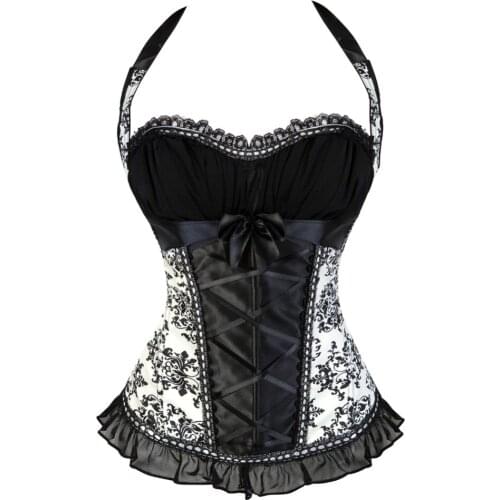 Women Elegant Halter Lace Up Sexy Floral Print Satin Overbust Corset Waist Body Shaper Tops