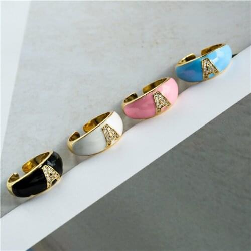 Pink Blue White Enamel Dripping Oil Metal Width Ring for Women, Letter Zircon Opening Rings Wedding Jewelry