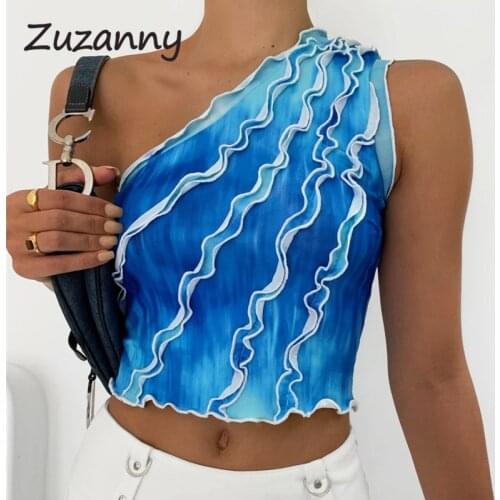 Zuzanny Tie Dye Crop Tops Women Summer Aesthetics Clothing Streetwear Wave Up Sleeveless Sexy One Shoulder Short Tank Tops