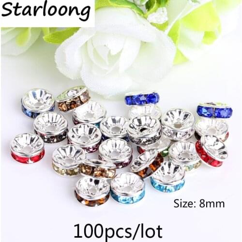 100pcs/lot 8MM Metal Silver Plated Crystal Rhinestone Rondelle Spacer Beads many Colors For Choose Wholesale