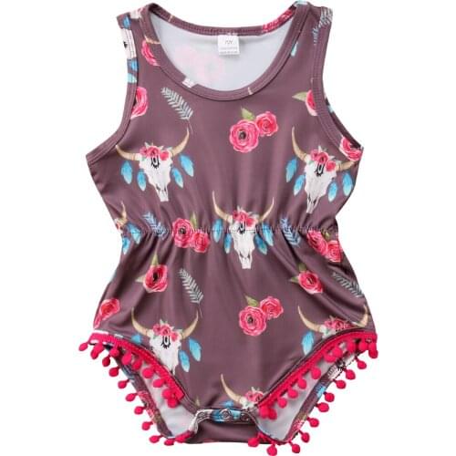 2020 Newborn Infant Baby Girl Floral Cow Clothes Jumpsuit Bodysuit Feather Wind Bell Summer Sunsuit Swim Outfits