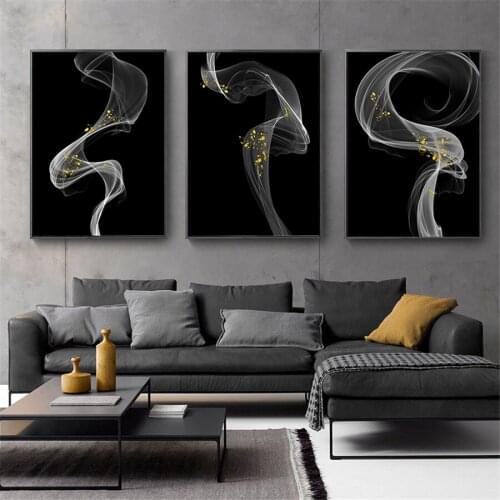Black and White Abstract Wavy Lines Gold Canvas Paintings Geometric Poster Print Wall Art Pictures for Living Room Home Decor