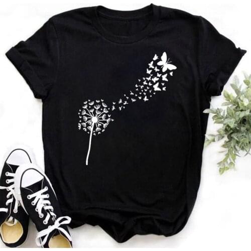 Dandelion with Butterfly Print T Shirt Women New Black T Shirt Female Casual Summer Tops Ladies Woman Cute Graphic Tee Shirts