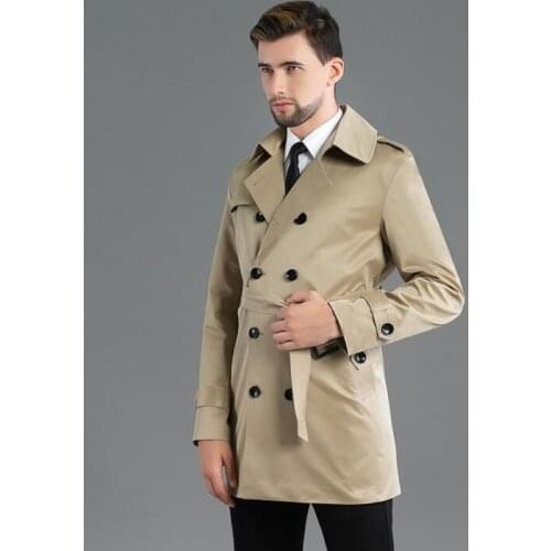 Khaki mens trench coats man double breasted coat men short clothes spring autumn slim fit overcoat long sleeve 2020 new designer
