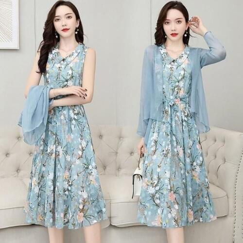 Spring Summer Dress Suits Women Sets Two 2 Piece Elegant Chiffon Jacket Floral Print Sleeveless Korean Long Dresses Office Lady