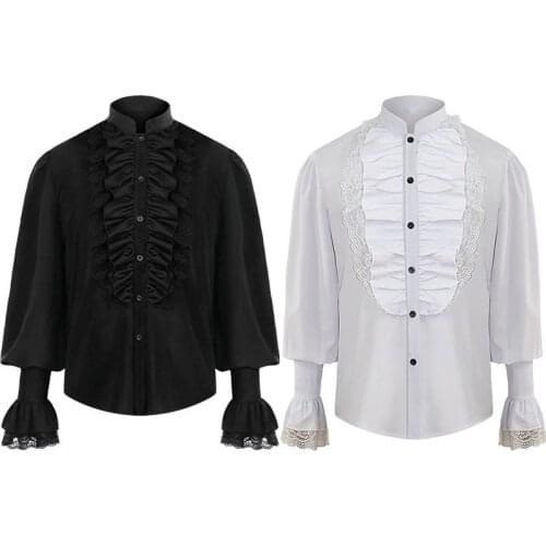 Medieval Cosplay Costumes Victorian White Stand Collar Long Sleeves Mens Shirt Steampunk Tops Vintage Plus Size Gothic Clothing