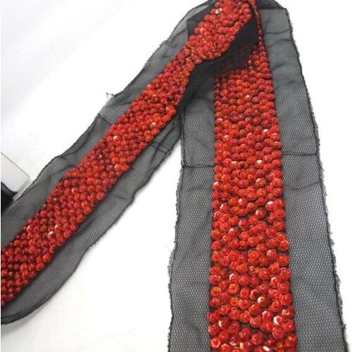 2.95 Inches Red Sequin Beaded Handmade Trim|Heavy Sewn Work|Clothing Belt Decor Embellishment|Costume Making