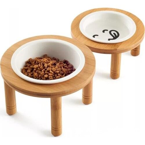 Cute Cat Bowl High-end Pet Bowl Bamboo Elevated Shelf Ceramic Feeding Drinking Bowls Standing Ceramic Cartoon Patterns Dog Bowls