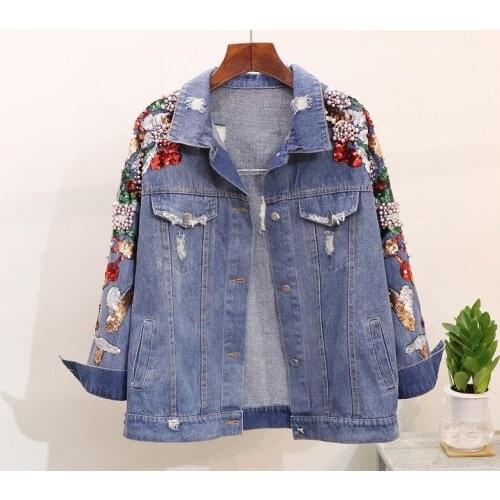 New Spring Autumn Womens Shoulder Bead Sequins Denim Jacket Loose Outwear Female Students Embroidered Jeans Coat Jacket Street