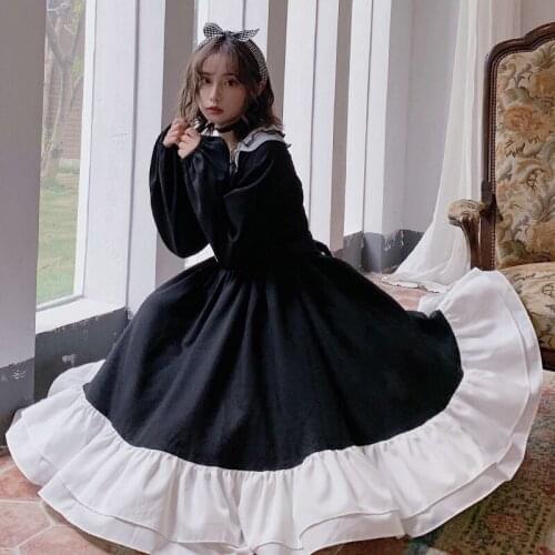 Autumn 2020 New Womens Japanese Dark Mid-Length High Waist Dark French Dress kawaii clothing sweet lolita dress goth lolita