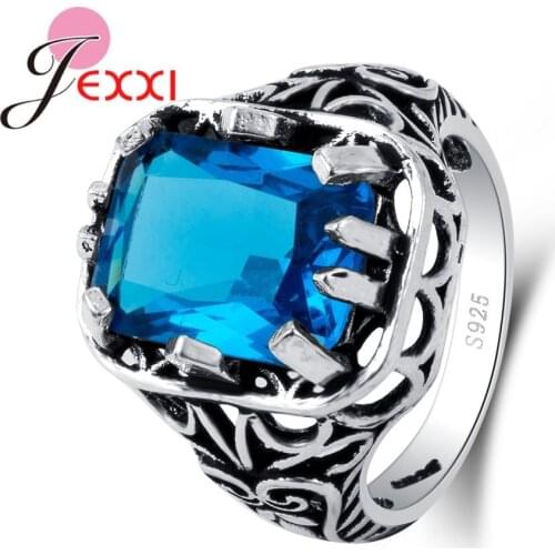 New Arrival Clear Blue Rectangle Cubic Zirconia Classic Style 100% 925 Sterling Silver Rings Birthday Presents For Women