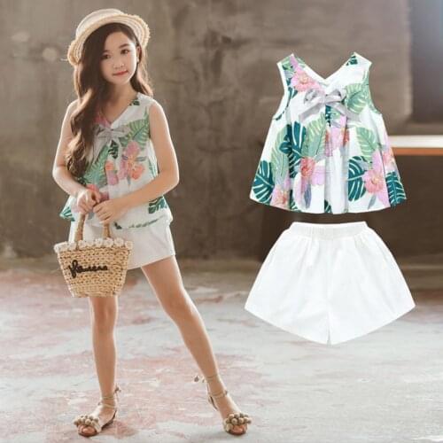 Girls Clothes Leaf Vest + Short Girls Outfits Big Bow Girl Outfit Summer Childrens Clothing 6 8 10 12 14