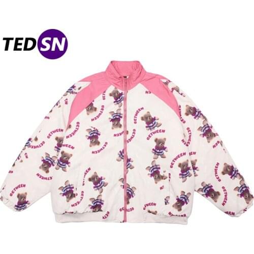 Hip Hop Parka Thick Jackets Men Streetwear Bear Print Color Block Padded Jacket Coat 2020 Winter Harajuku Cotton Warm Outwear