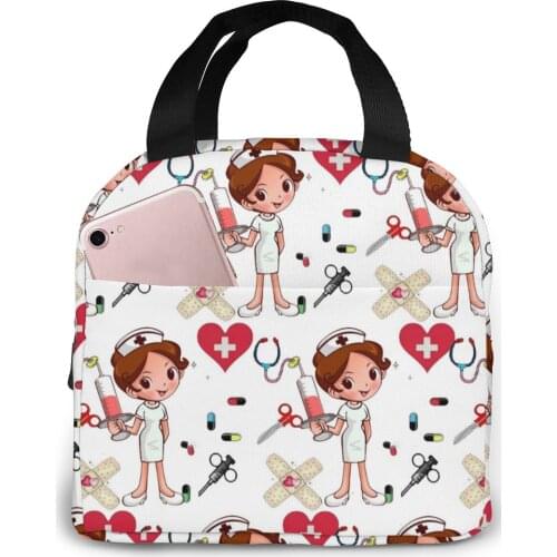 Portable Lunch Bag Cartoon Nurse Pattern Thermal Insulated Lunch Tote Cooler Handbag Bento Pouch Container School Food Bags
