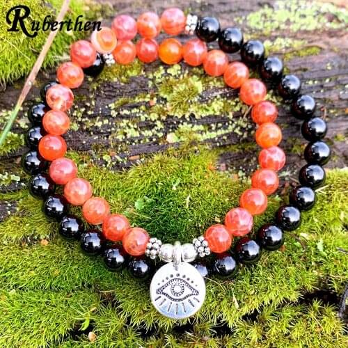 Ruberthen AAA Black Tourmaline & Fire Agates Double Wrap Mala 6mm Beads Negative Energy Protection Bracelet Yoga Gift for Her
