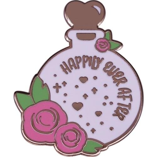Happily Every After Enamel Pin magic potion botter with love shape cork Badge Roses Flower Brooch Jewelry