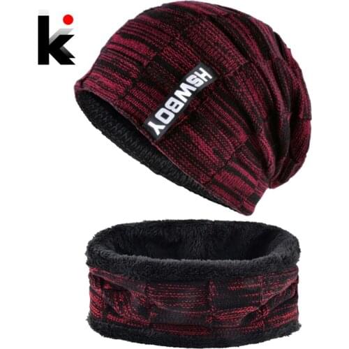 Winter Knitted Hat and Scarf Sets For Men Thick Knitting Plaid Beanies Skullies Add Velvet Warm Bonnet Caps Women Neckerchief