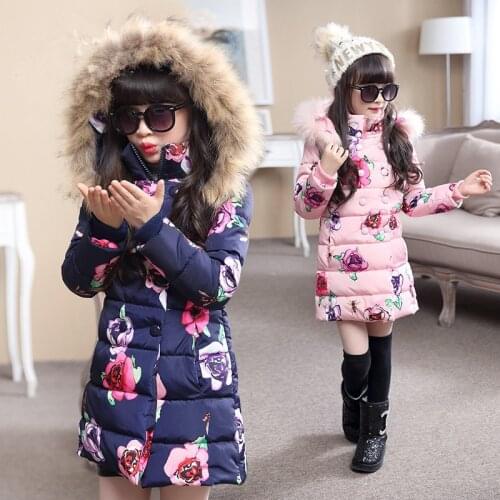 Autumn Winter Baby Girls Warm Down Jackets Cotton Jacket Kids Printed Outerwear Children Clothing Girls Hooded Thick Coats