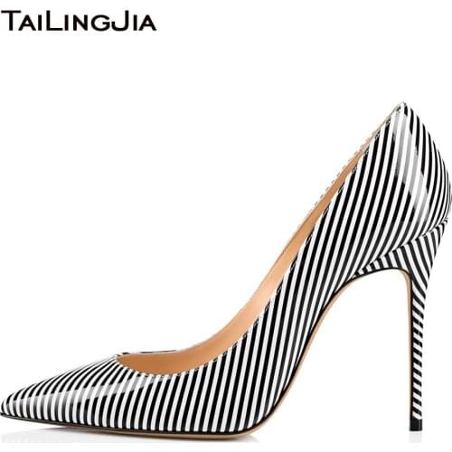 Women Elegant Stiletto High Heels Party Pumps Ladies White and Black Stripes Court Shoes Pointed toe Large Size Dress Heels