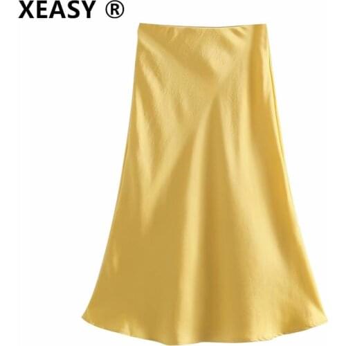 XEASY New Women Fashion Solid Color Casual Satin A Line Midi Skirt Faldas Mujer Female Elasticity Waist Chic Summer Vestido