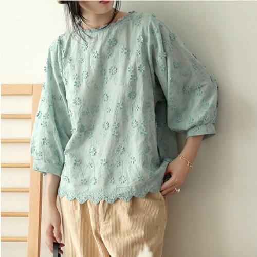 NINI WONDERLAND 2021 Autumn Embroidery Flower Shirt Womens Cotton Lantern Sleeve Vintage Retro Shirt Spring Casual Loose Tops