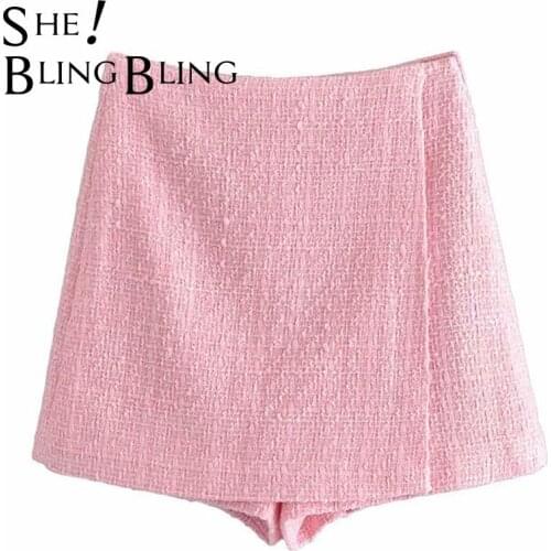 SheBlingBling Women 2 Pcs Sets England Style Double Breasted Pink Tweed Woolen Blazer Coat And High Waist Midi Shorts Skirts