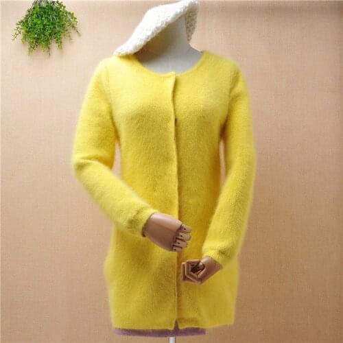 Ladies women fashion hairy plush mink cashmere knitted slim long cardigans angora rabbit hair winter jacket coat sweater pull