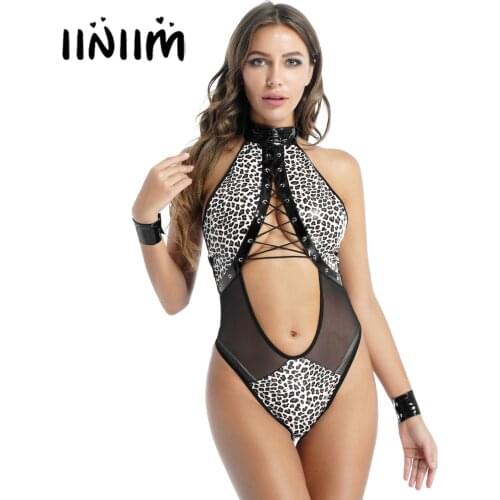 Womens Sexy Bodysuit with Cuffs Tail Hollow Out Leopard Print Patent Leather Catsuit Halter Lace-up Mesh Patchwork Clubwar