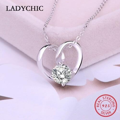 LADYCHIC Pure Smooth 925 Sterling Silver Elegant Love Heart Pendant Paved Clear Zircon Genuine S925 Silver Necklace Gift LNS1008