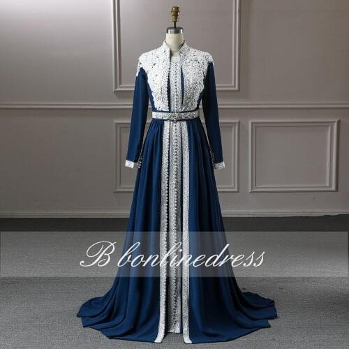 Elegant Navy Blue Muslim Evening Dress Plus Size Crystal Women Night Moroccan Kaftan Dress Caftan Formal Gown vestidos de noche